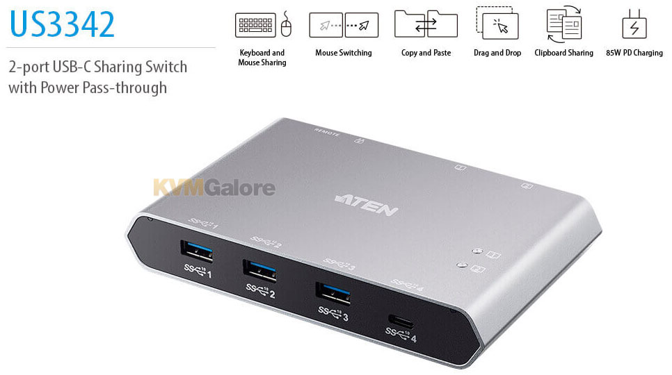 ATEN US3312 Commutateur KVM DisplayPort 4K 2 ports USB-C avec