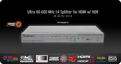 2- 4- and 8-port, 4K Ultra-HD 600 MHz full bandwidth HDMI 2.0 splitters with HDR