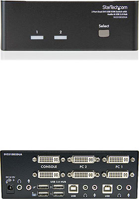 2-Port Dual-Monitor DVI KVM Switch w/ USB 2.0 Hub